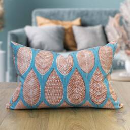 Indira Leaf Print Boudoir Cushion. Teal Blue & Burnt Orange Indonesian Inspired Block-Print Botanical Design. Eco-Friendly Cotton. 17x12