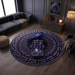 Gothic Raven Hourglass Round Rug, Dark Academia Greek Border Decor - thumbnail 3