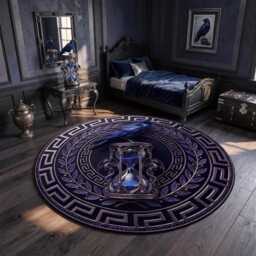 Gothic Raven Hourglass Round Rug, Dark Academia Greek Border Decor - thumbnail 2