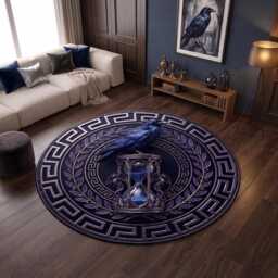 Gothic Raven Hourglass Round Rug, Dark Academia Greek Border Decor