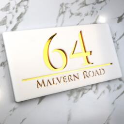 K Smart Sign - Bellissima H3 Laser Cut Matt White & Gold Mirror Floating House Number Signs Door Address Numbers 300mm X 160mm - thumbnail 2