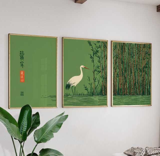 Japanese Crane Wall Art Poster Set - Green Bamboo Nature Prints Asian Bird Decor - image 1
