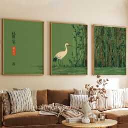 Japanese Crane Wall Art Poster Set - Green Bamboo Nature Prints Asian Bird Decor - thumbnail 2