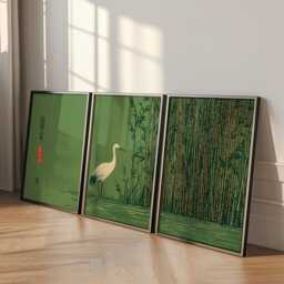 Japanese Crane Wall Art Poster Set - Green Bamboo Nature Prints Asian Bird Decor - thumbnail 3