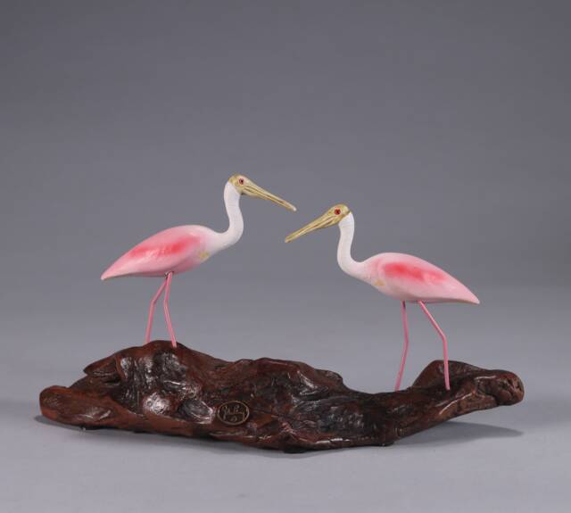 Roseate Spoonbill Duo By John Perry On Polished Burlwood Base 6In Lon. Signed - image 1