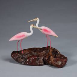 Roseate Spoonbill Duo By John Perry On Polished Burlwood Base 6In Lon. Signed - thumbnail 2