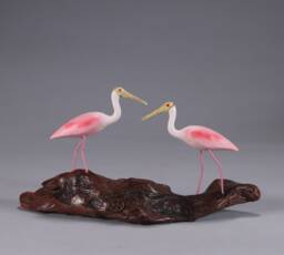 Roseate Spoonbill Duo By John Perry On Polished Burlwood Base 6In Lon. Signed