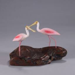 Roseate Spoonbill Duo By John Perry On Polished Burlwood Base 6In Lon. Signed - thumbnail 3