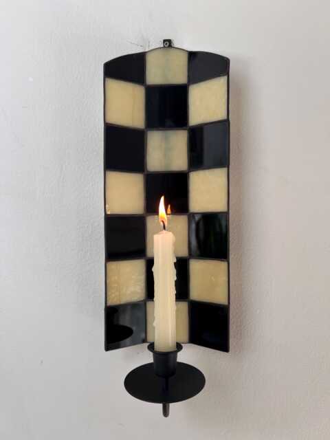 Black & Cream Checkered Stained Glass Candle Wall Sconce - image 1