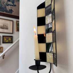 Black & Cream Checkered Stained Glass Candle Wall Sconce - thumbnail 2