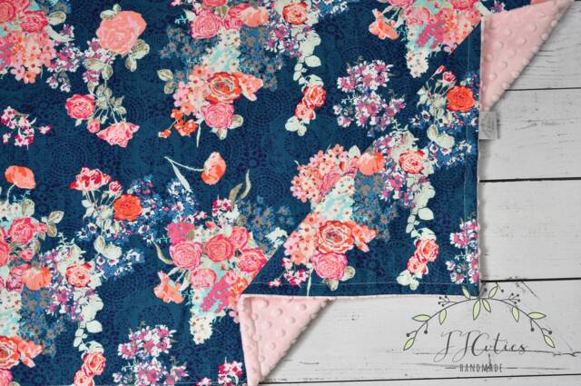 Personalized Baby Blanket Girl-Flora Minky Blanket-Personalized Flora Baby Minky Blanket-Flora Crib Sheets-Pink Navy Flora Girl - image 1