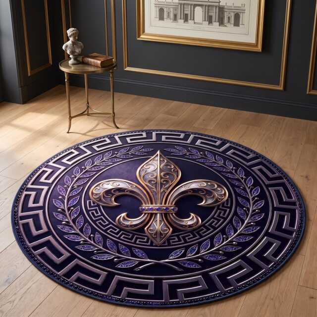 Silver Gold Lily Circle Carpet, Greek Border Luxury Washable Key Gothic Floor Mat - image 1
