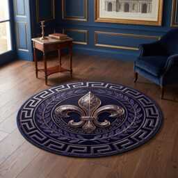 Silver Gold Lily Circle Carpet, Greek Border Luxury Washable Key Gothic Floor Mat - thumbnail 3