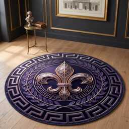 Silver Gold Lily Circle Carpet, Greek Border Luxury Washable Key Gothic Floor Mat - thumbnail 1