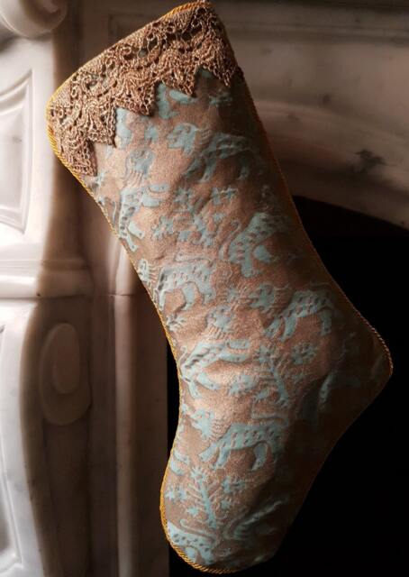 Luxury Christmas Stocking Fortuny Fabric Aquamarine & Silvery Gold Richelieu Pattern - Made in Italy - image 1