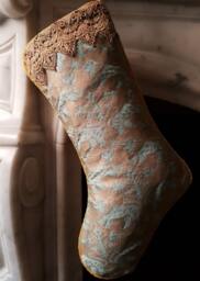 Luxury Christmas Stocking Fortuny Fabric Aquamarine & Silvery Gold Richelieu Pattern - Made in Italy
