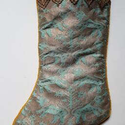 Luxury Christmas Stocking Fortuny Fabric Aquamarine & Silvery Gold Richelieu Pattern - Made in Italy - thumbnail 2