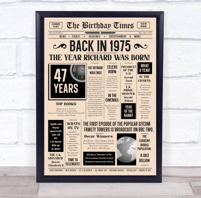 1975 Newspaper Any Age Year You Were Born Birthday Facts Personalised Gift Print - image 1