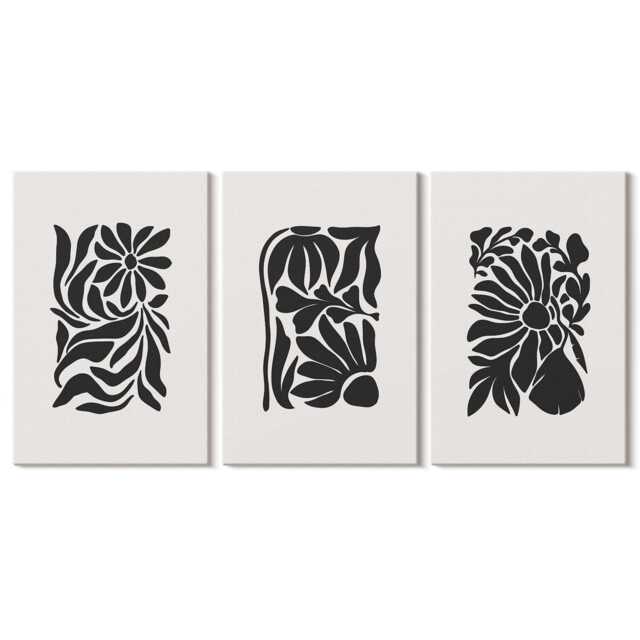 Set Of 3 Canvas Prints - Plant Patterns in Shades Black, Black & White Photo Print, Plants Flowers Wall Decor - image 1