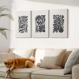 Set Of 3 Canvas Prints - Plant Patterns in Shades Black, Black & White Photo Print, Plants Flowers Wall Decor - thumbnail 3
