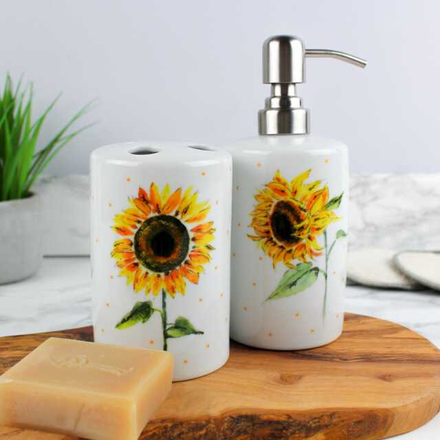 Sunflowers Ceramic Toothbrush Holder & Soap Dispenser Set - Refillable Yellow Floral 2 Piece Bathroom Pump Bottle & Storage Pot Gift - image 1