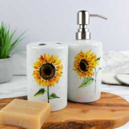 Sunflowers Ceramic Toothbrush Holder & Soap Dispenser Set - Refillable Yellow Floral 2 Piece Bathroom Pump Bottle & Storage Pot Gift - thumbnail 1