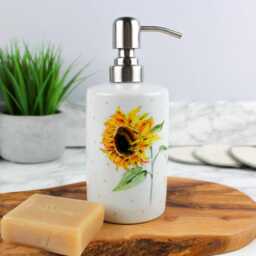 Sunflowers Ceramic Toothbrush Holder & Soap Dispenser Set - Refillable Yellow Floral 2 Piece Bathroom Pump Bottle & Storage Pot Gift - thumbnail 2