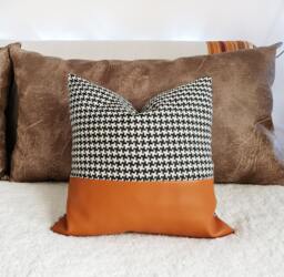 Crowbar Pattern Pillow Cover Burnt Orange Faux Leather, Bohemian Decor - 16x16'' - thumbnail 1