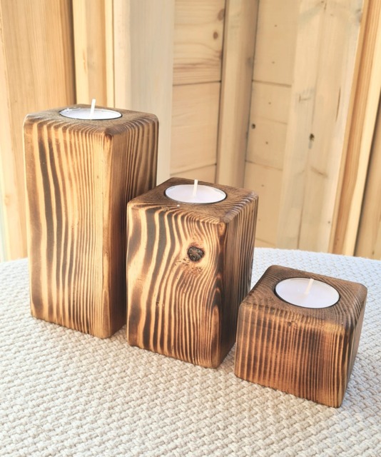 Set Of 3 Wooden Tea Light Holders - image 1