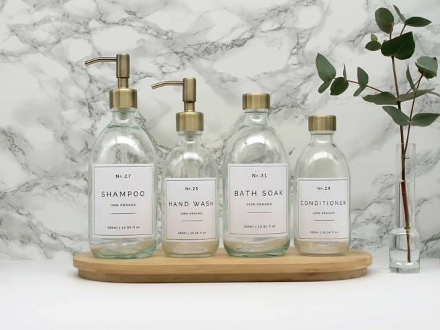 Clear Glass Soap Dispenser Bottle Refillable With Brass Pump, Choice Of Waterproof Labels