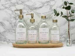 Clear Glass Soap Dispenser Bottle Refillable With Brass Pump, Choice Of Waterproof Labels - thumbnail 1