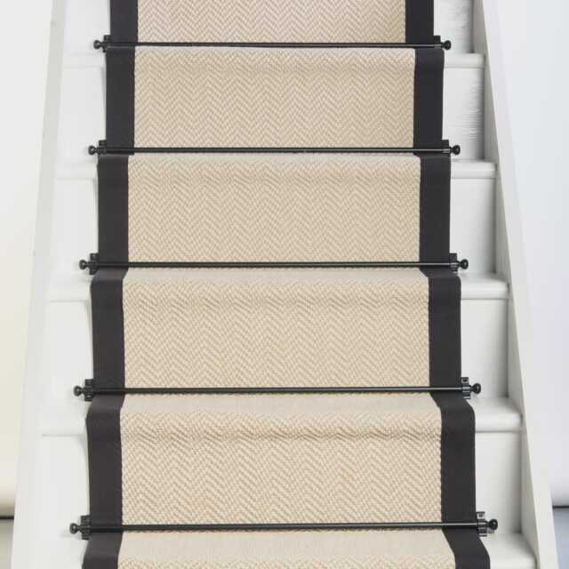 Herringbone Chalk Beige Wool Stair Runner With 100% Black Cotton Border - image 1