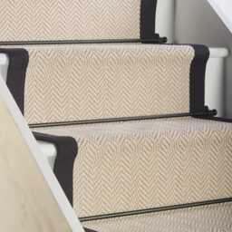 Herringbone Chalk Beige Wool Stair Runner With 100% Black Cotton Border - thumbnail 3