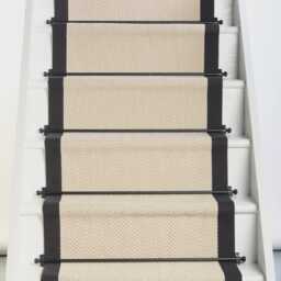 Herringbone Chalk Beige Wool Stair Runner With 100% Black Cotton Border