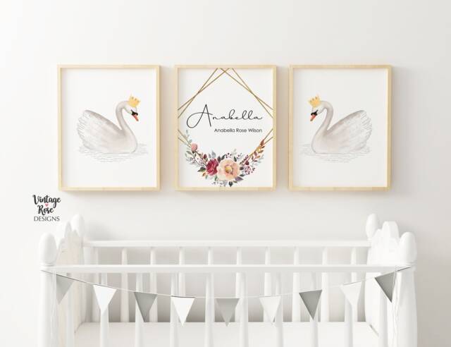Set Of 3 Nursery Prints, Swan Decor, Girls Room Wall Art, Geometric Frame, Personalised Name Print, Watercolour Flowers - image 1