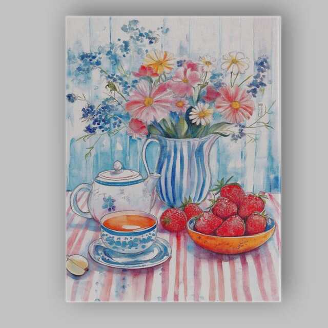 Watercolour Summer Flowers Tea & Strawberries Still Life Canvas Wall Art Print Decor Picture Ready To Hang - image 1