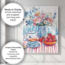 Watercolour Summer Flowers Tea & Strawberries Still Life Canvas Wall Art Print Decor Picture Ready To Hang - thumbnail 3