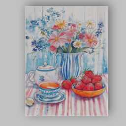 Watercolour Summer Flowers Tea & Strawberries Still Life Canvas Wall Art Print Decor Picture Ready To Hang - thumbnail 1
