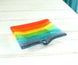Rainbow Fused Glass Soap Dish With Draining Spout For Vibrant Bathroom Decor - 13x10cm - Handmade By Artist Matt Adkins in Dorset, UK - thumbnail 1