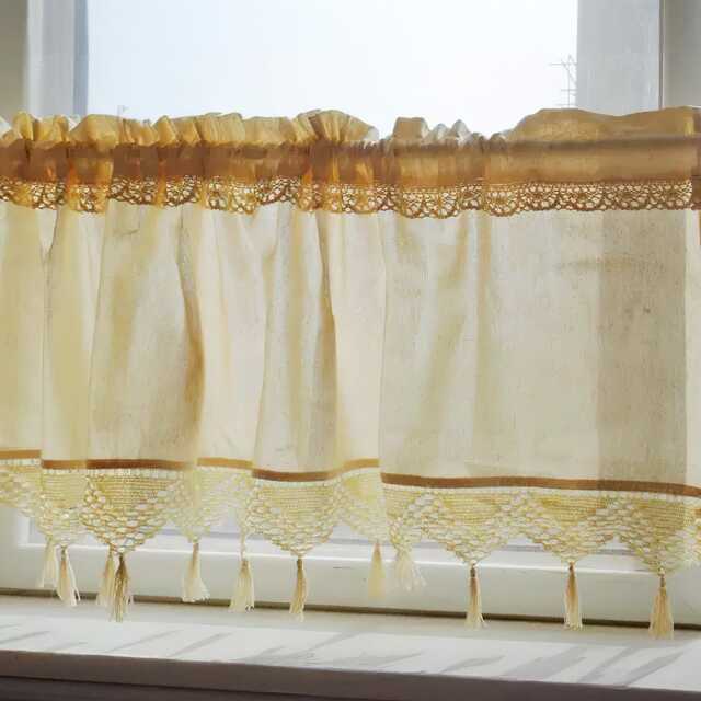 Beige Crochet Kitchen Curtain Farmhouse Tassel Valance - image 1