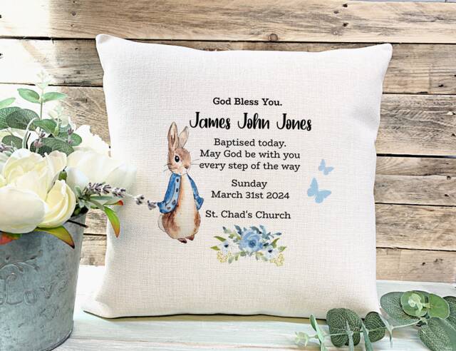 Personalised Christening Cushion, Peter Rabbit Godchild Gift, Baptism Keepsake - image 1