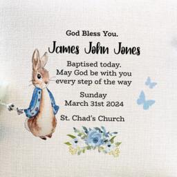 Personalised Christening Cushion, Peter Rabbit Godchild Gift, Baptism Keepsake - thumbnail 2