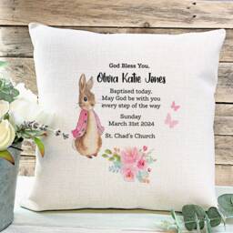 Personalised Christening Cushion, Peter Rabbit Godchild Gift, Baptism Keepsake - thumbnail 3