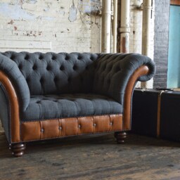 British Handmade Dark Grey Wool & Vintage Tan Leather Chesterfield Snuggle Chair - thumbnail 4