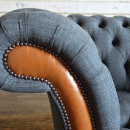 British Handmade Dark Grey Wool & Vintage Tan Leather Chesterfield Snuggle Chair - thumbnail 2