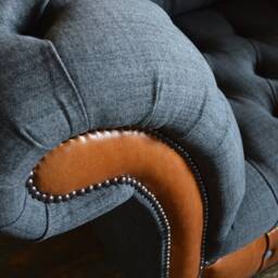 British Handmade Dark Grey Wool & Vintage Tan Leather Chesterfield Snuggle Chair - thumbnail 3
