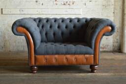 British Handmade Dark Grey Wool & Vintage Tan Leather Chesterfield Snuggle Chair - thumbnail 1