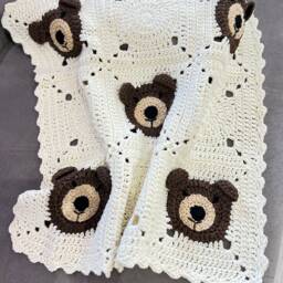 Teddy Bear Baby Shower Gift, Hairloom Blanket, Wrap Crochet Animal Stroller, Unique Nursery Decor, Coton Toddler Throw - thumbnail 3