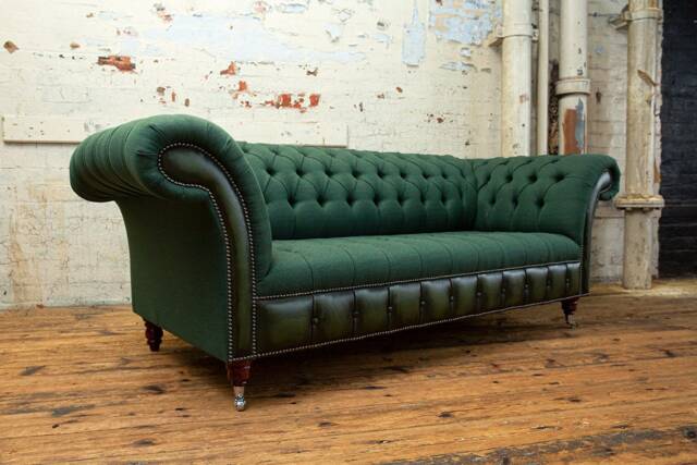 Handmade Emerald Green Herringbone Wool With Antique Leather 3 Seater Chesterfield Sofa - image 1