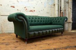 Handmade Emerald Green Herringbone Wool With Antique Leather 3 Seater Chesterfield Sofa